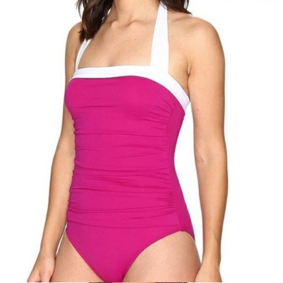Lauren Ralph Lauren Pink and White One Piece Swimsuit with Ruched Detail - Picture 1 of 11